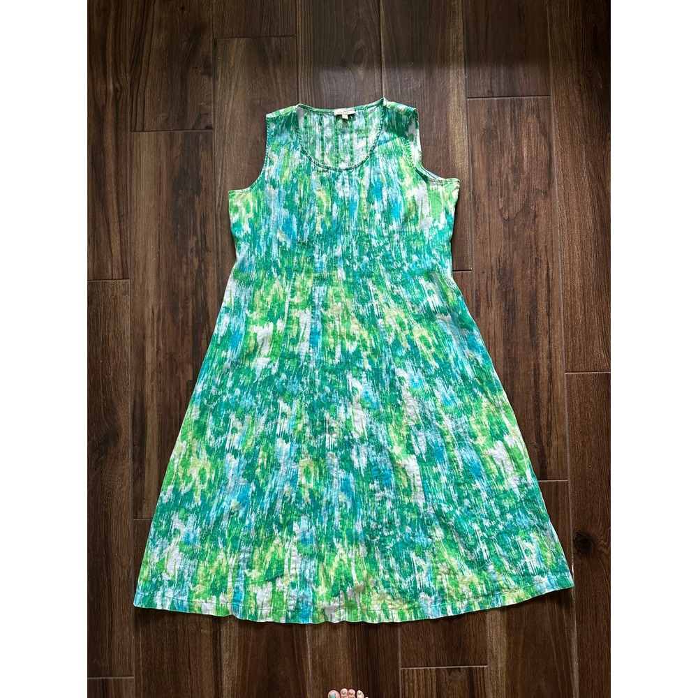 Choices Womens XL Green Blue Abstract Print‎ 100% Linen Sleeveless Midi Dress